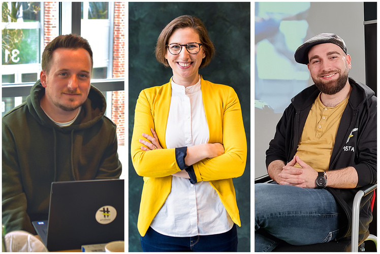 FAF 2024 Start-up Area: Das Gründerteam von HAMSTA, von links nach rechts: Content- und Plattformmanager Felix Schweizer, Saskia Boiselle, Managerin Vertriebsentwicklung Handel, und Max Scheffel, Leadmanager & Podcast Host Image